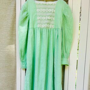 Vintage 1960s Little Girl Maxi Dress, Mint Green with White Lace Top, Size 7/8